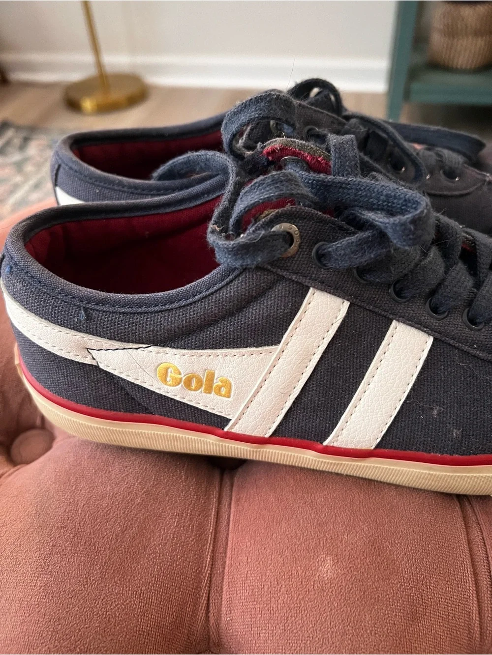 Gola Men's Navy Canvas Sneakers with White Stripes and Red Trim